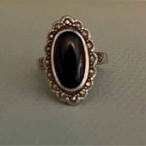 Elegant Antique Black Onyx & Sterling Silver Ring – Size 5